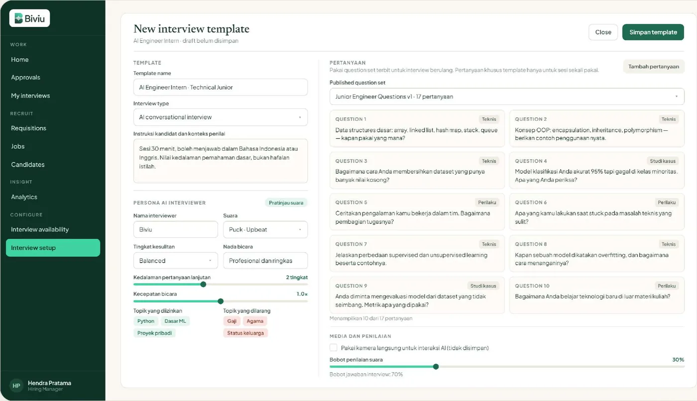 A Biviu interview template being drafted for a junior AI engineer: ten of seventeen questions tagged technical, behavioural, or case study, beside interviewer settings for voice, difficulty, follow-up depth, speaking pace, permitted topics, and topics that are off limits — salary, religion, and family status.