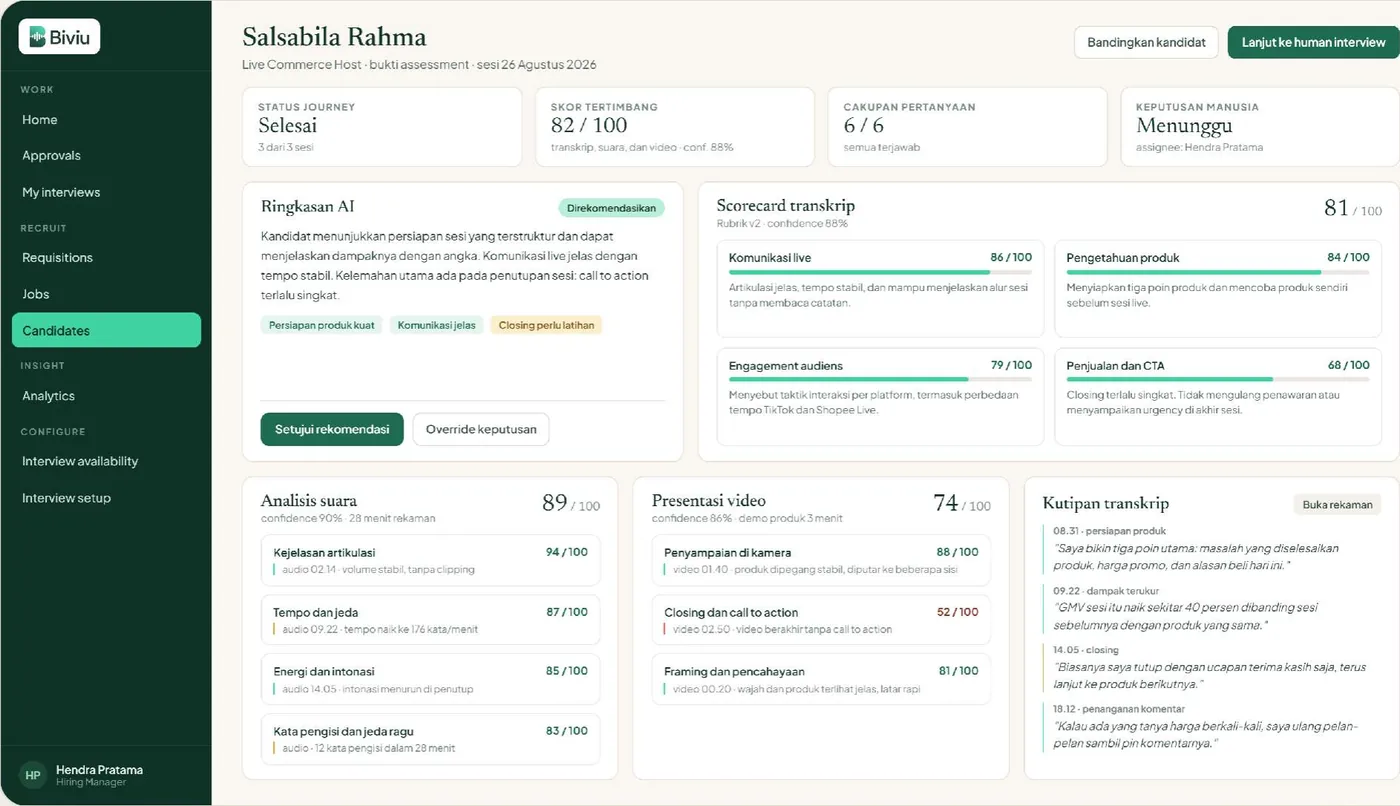 A completed Biviu assessment scoring 82 out of 100 at 88 per cent confidence, broken into a transcript scorecard, a voice analysis, and a video presentation score, with an AI summary and timestamped transcript quotes, and the human decision still marked as pending.