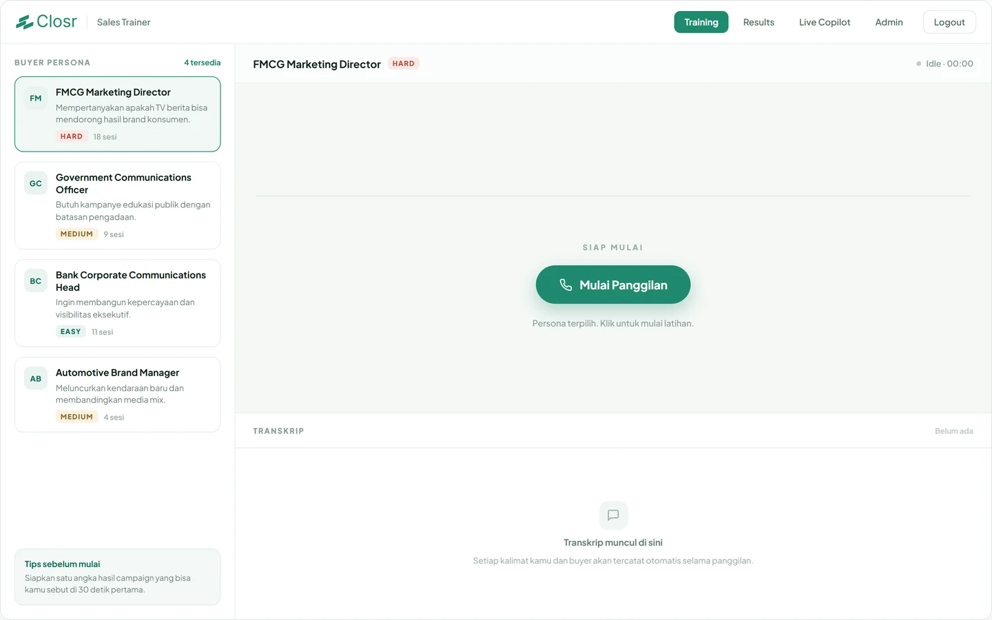 A Closr persona library holding four saved buyers, each with the concern it will push on, a difficulty of easy, medium or hard, and the number of sessions run against it, with one selected and the call ready to start.